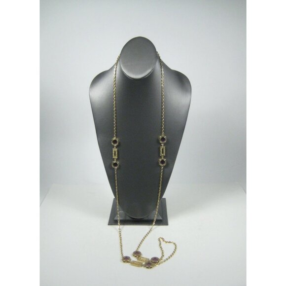 Goldtone Necklace Purple Plastic Stones Filigree Art Deco STYLE 55 inch - Picture 7 of 11